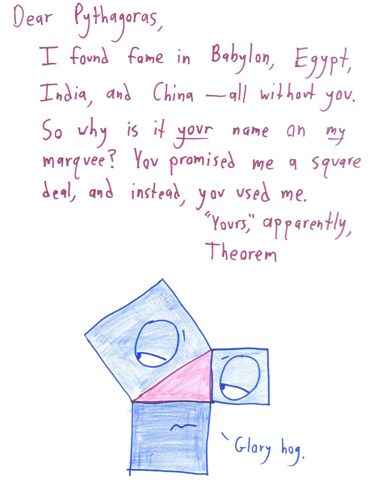 Ten letters from mathematical ideas to the mathematicians tied to them: the Pythagorean theorem, geometry to Euclid, the Poisson distribution to Bortkiewicz, calculus to Leibniz and Newton, and more. (panel 1 of 10)