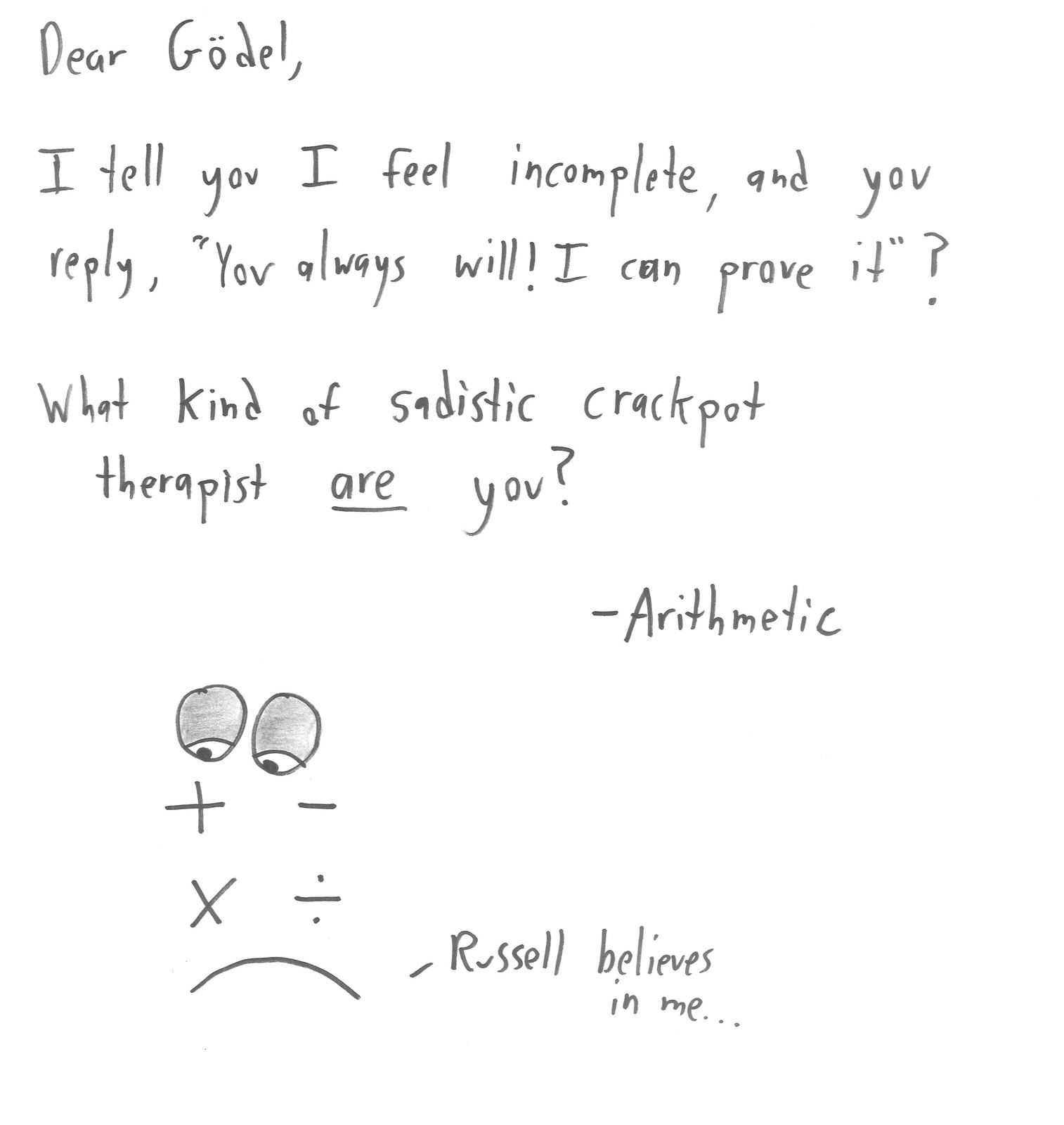 Ten letters from mathematical ideas to the mathematicians tied to them: the Pythagorean theorem, geometry to Euclid, the Poisson distribution to Bortkiewicz, calculus to Leibniz and Newton, and more. (panel 8 of 10)