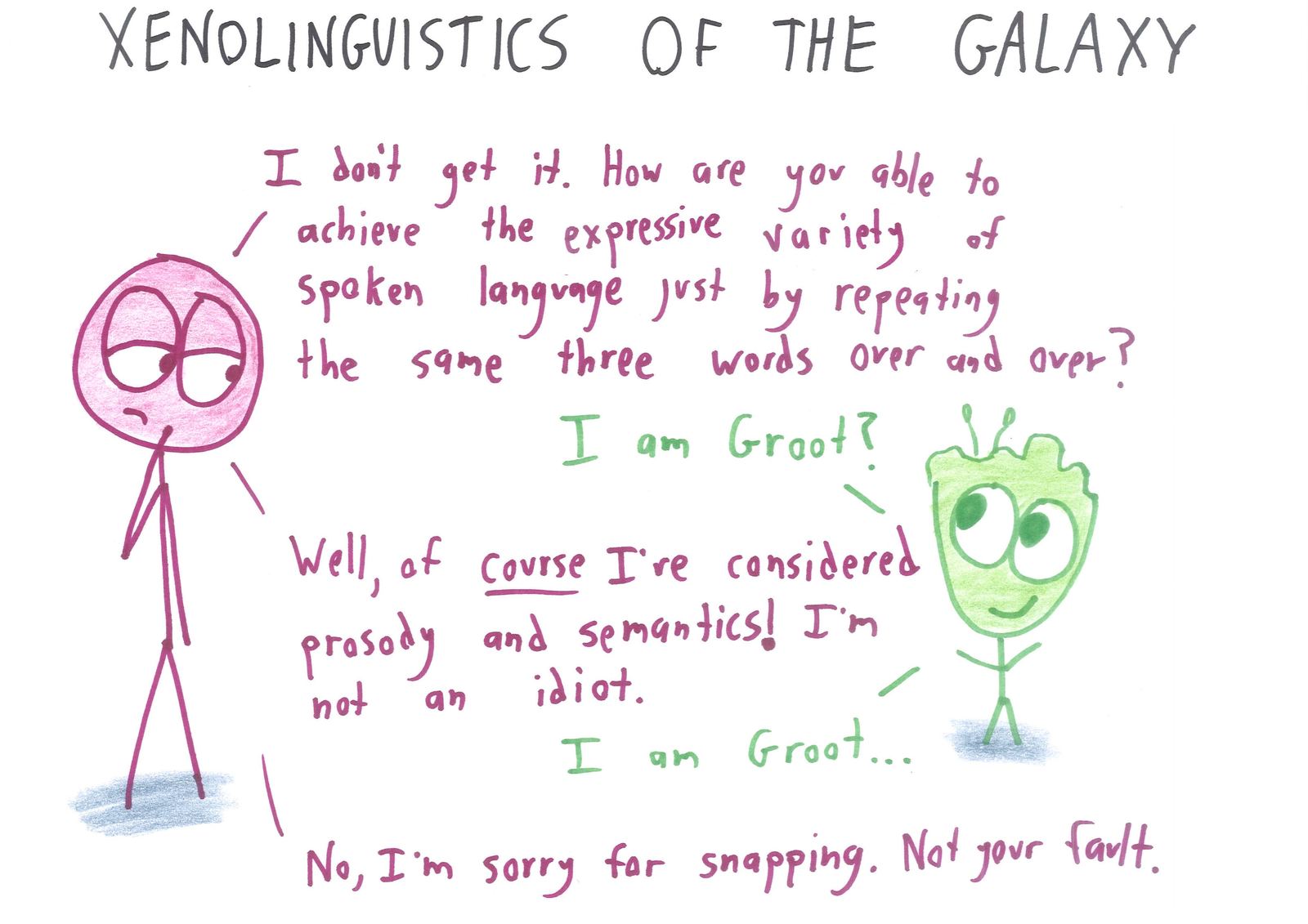 Ten 2017 movies reimagined for nerds: an 8 furious that 2³ < 3², a Spider-Man replication crisis, Minion postdocs, a consultant baby, the last climatologist, and Groot's linguistics. (panel 10 of 10)