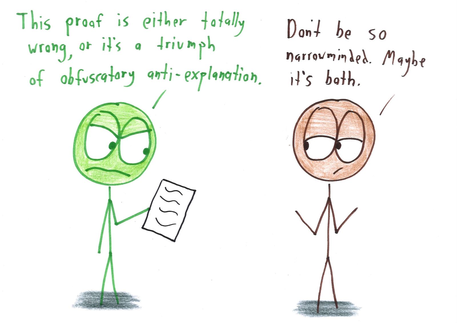 A mathematician frowns at a baffling proof; a colleague suggests it can be both wrong and unreadable.