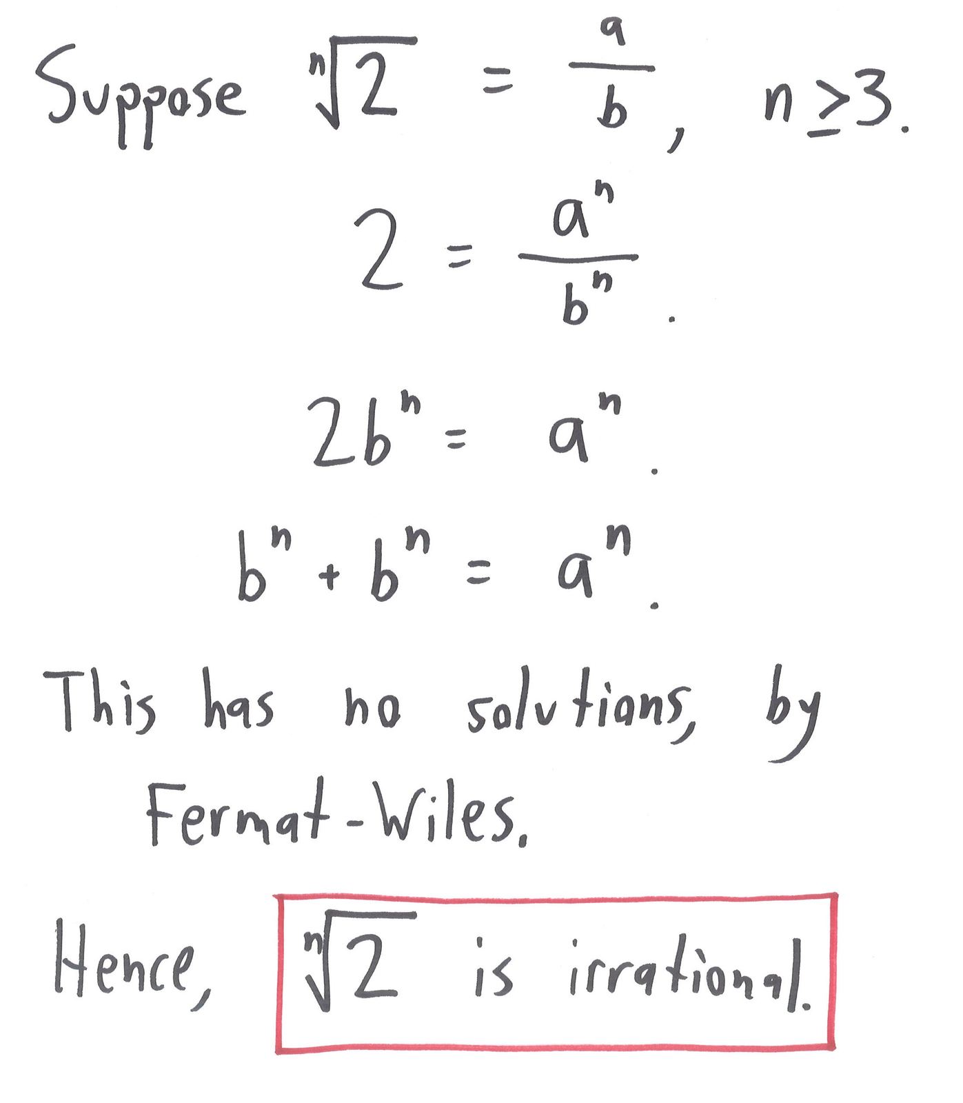 A proof that the nth root of 2 is irrational for n ≥ 3, using Fermat's Last Theorem: hilariously overpowered, and valid.
