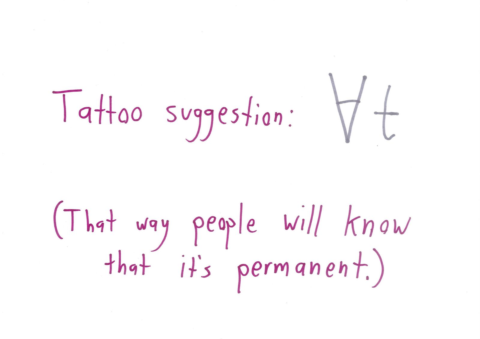 Text only: a tattoo of the logic symbol ∀t, meaning 'for all time.'