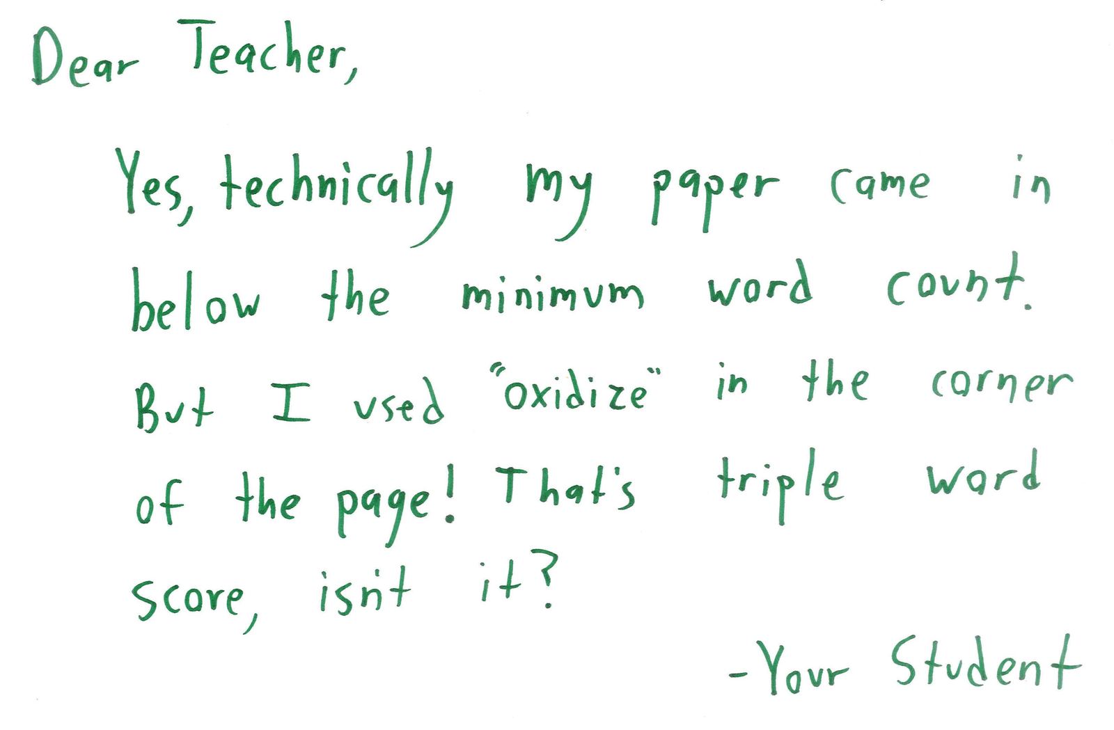 Text only: a student's letter arguing that a Scrabble-style 'triple word score' should count toward an essay's word count.