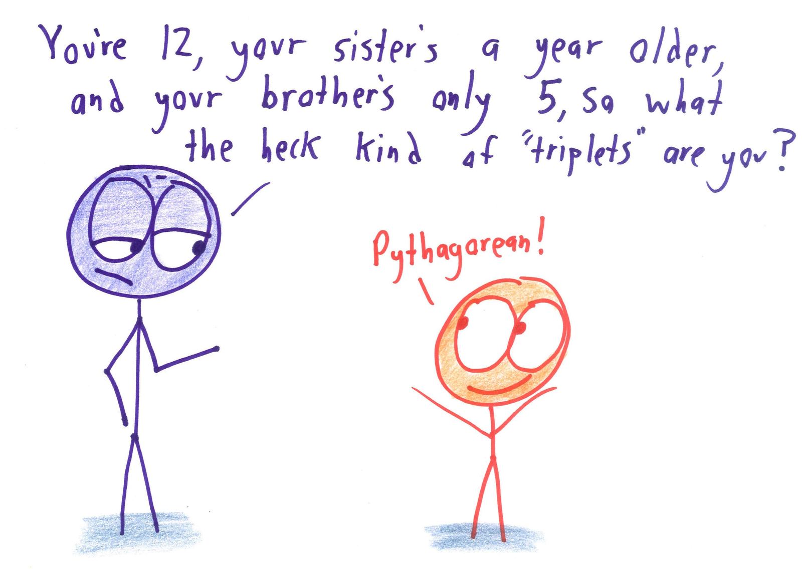 A kid explains that siblings aged 5, 12 and 13 are 'Pythagorean triplets'.