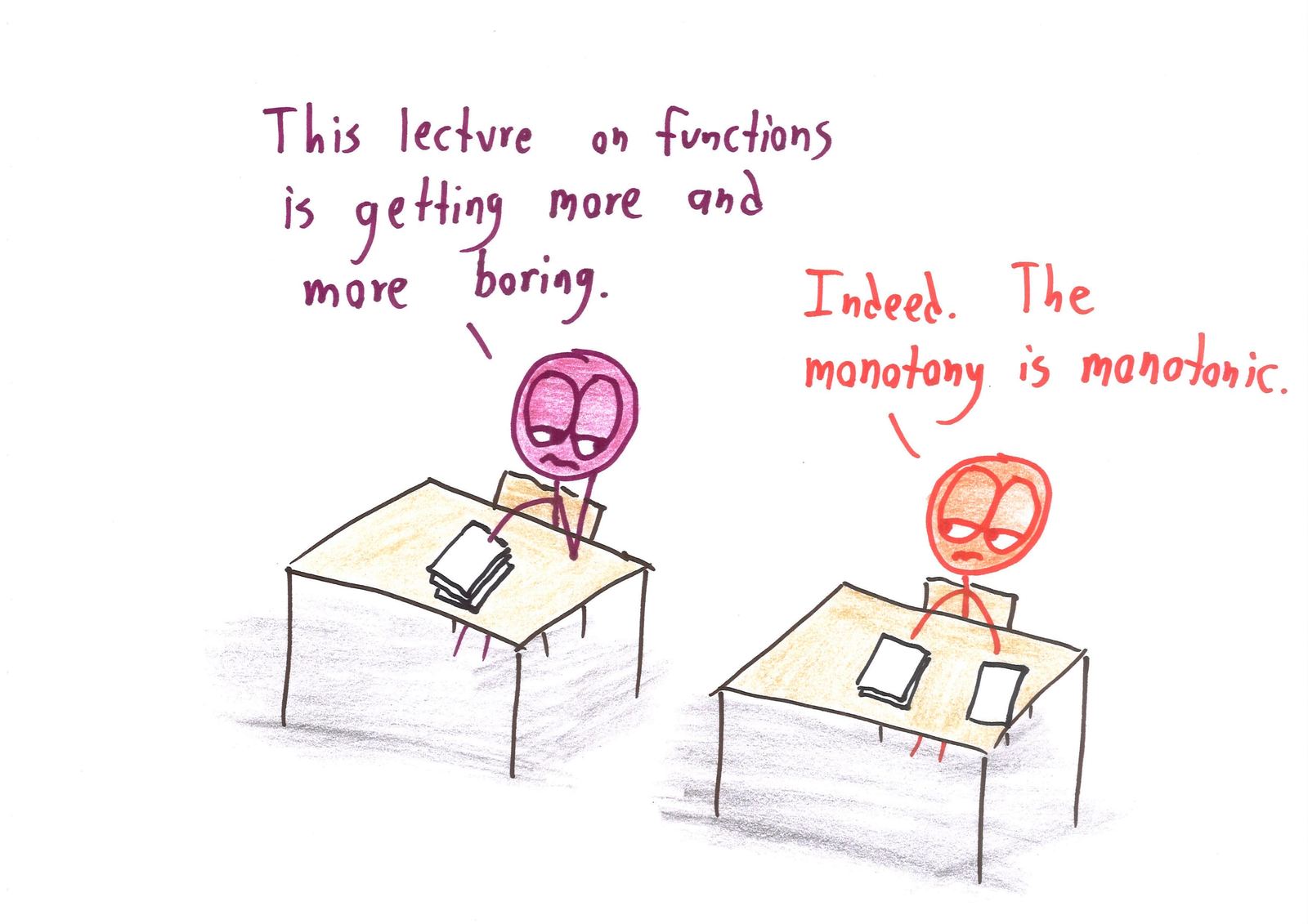 Two bored students at desks agree that their lecture keeps getting duller: the monotony is monotonic.