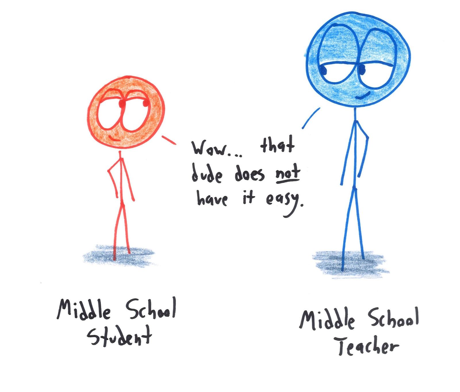 A middle school student and a middle school teacher look at each other and think the same thing: that dude does not have it easy.