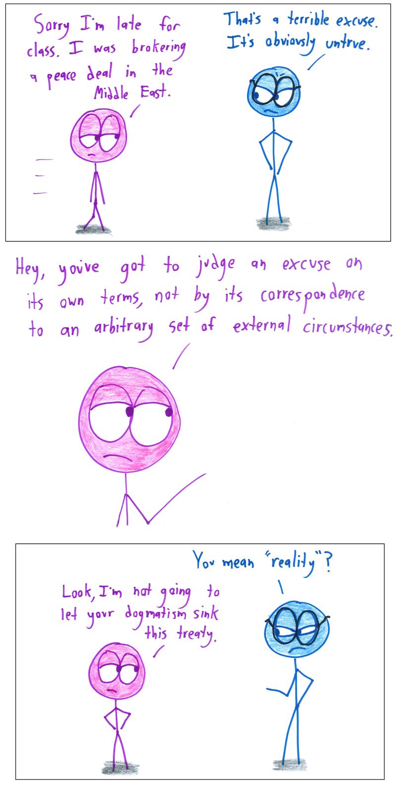 A late student offers an absurd excuse, then argues it should be judged on its internal merits rather than on whether it's true.