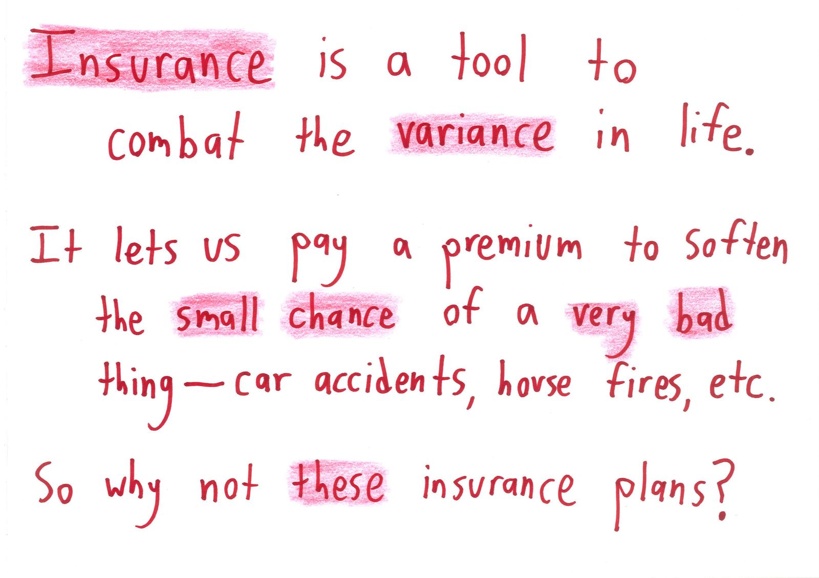 An insurance salesman pitches plans that trade variance for bland certainty: gambler's insurance, TV-finale insurance, first-date insurance, white-Christmas insurance, and insurance insurance. (panel 1 of 17)
