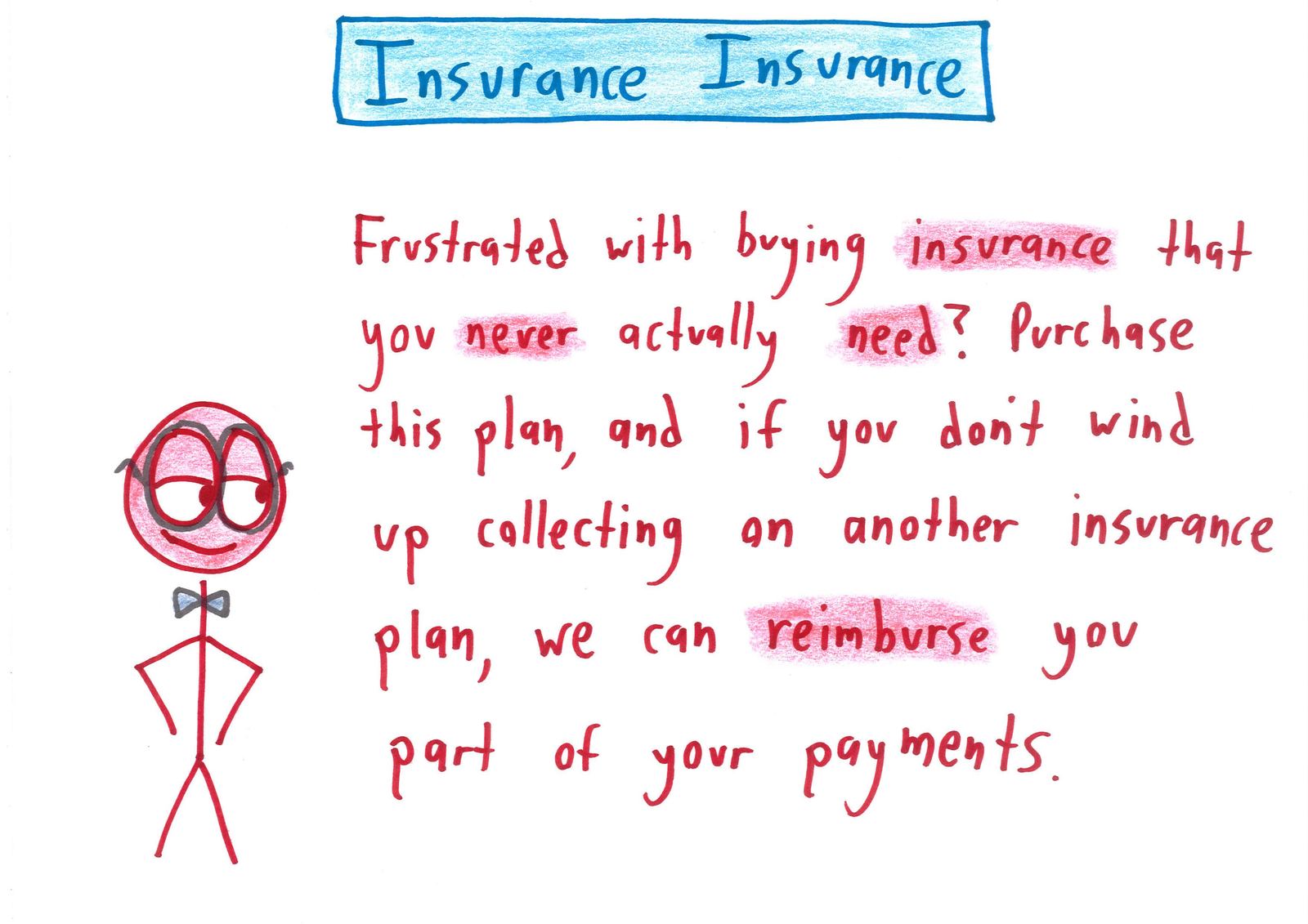An insurance salesman pitches plans that trade variance for bland certainty: gambler's insurance, TV-finale insurance, first-date insurance, white-Christmas insurance, and insurance insurance. (panel 16 of 17)