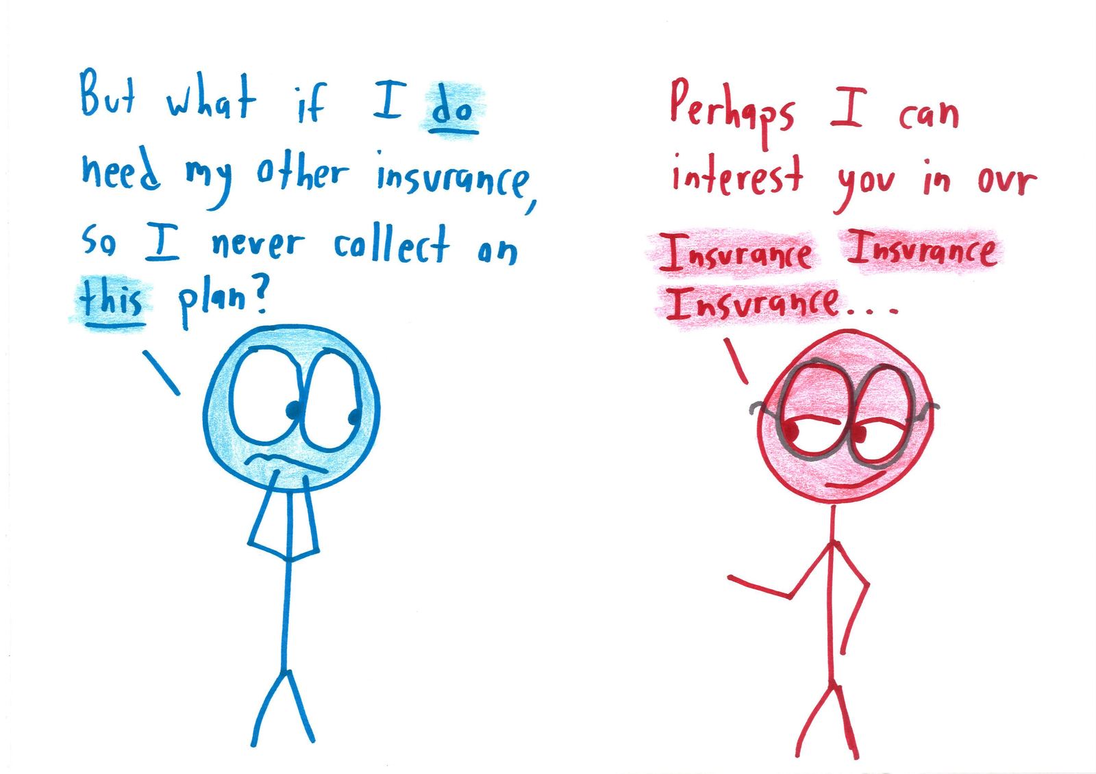 An insurance salesman pitches plans that trade variance for bland certainty: gambler's insurance, TV-finale insurance, first-date insurance, white-Christmas insurance, and insurance insurance. (panel 17 of 17)