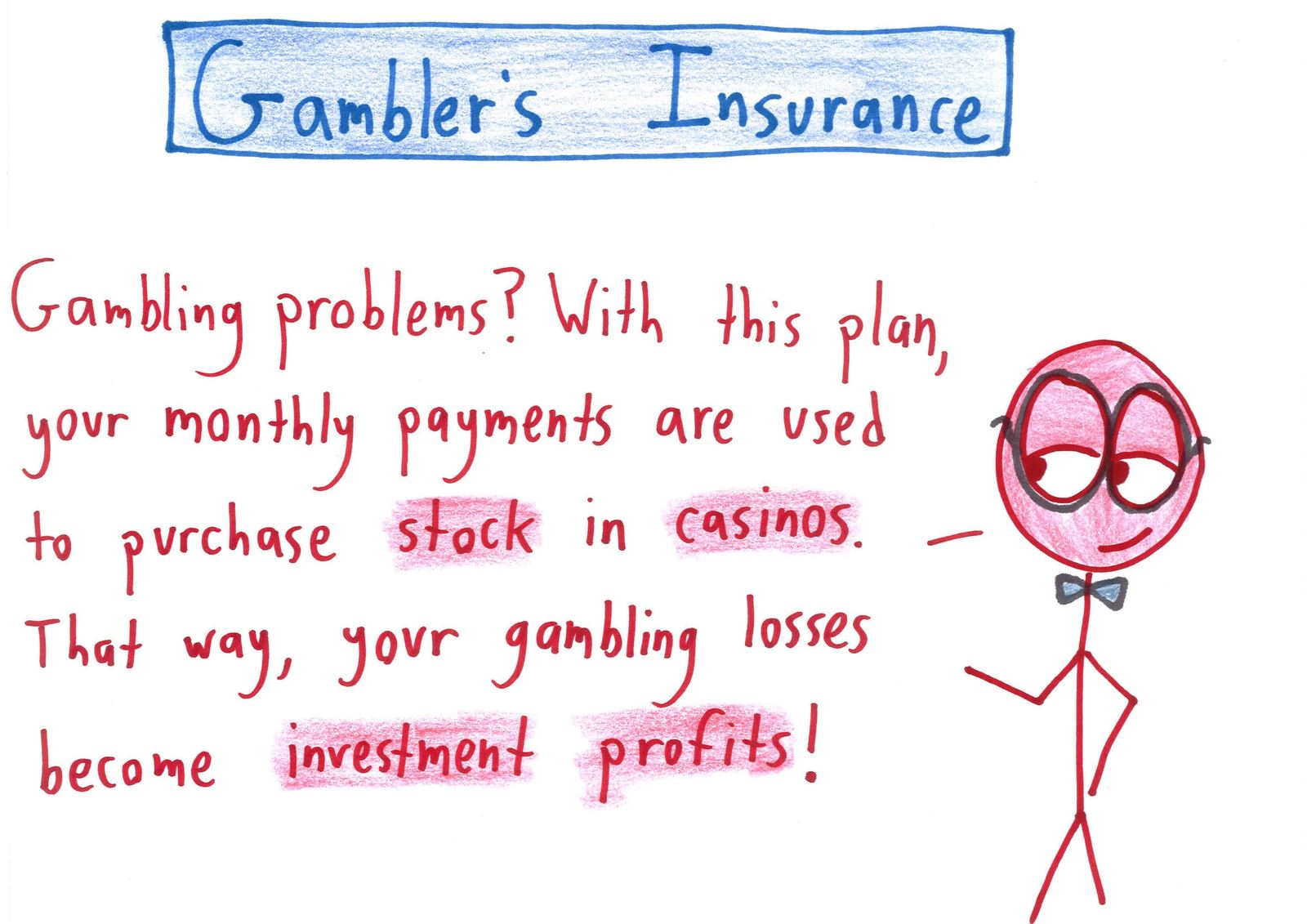 An insurance salesman pitches plans that trade variance for bland certainty: gambler's insurance, TV-finale insurance, first-date insurance, white-Christmas insurance, and insurance insurance. (panel 2 of 17)
