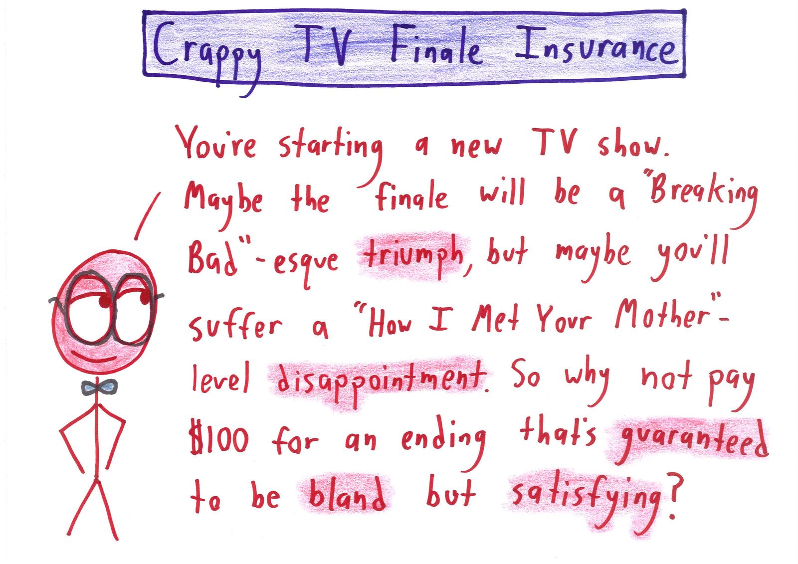 An insurance salesman pitches plans that trade variance for bland certainty: gambler's insurance, TV-finale insurance, first-date insurance, white-Christmas insurance, and insurance insurance. (panel 4 of 17)