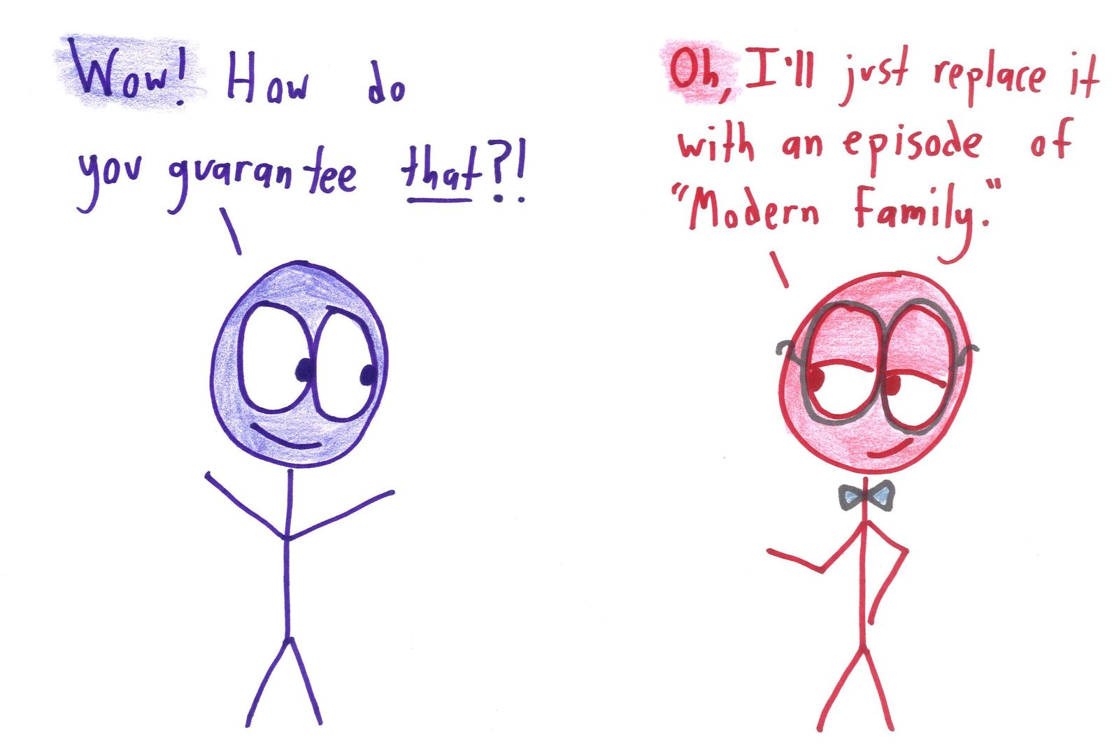 An insurance salesman pitches plans that trade variance for bland certainty: gambler's insurance, TV-finale insurance, first-date insurance, white-Christmas insurance, and insurance insurance. (panel 5 of 17)