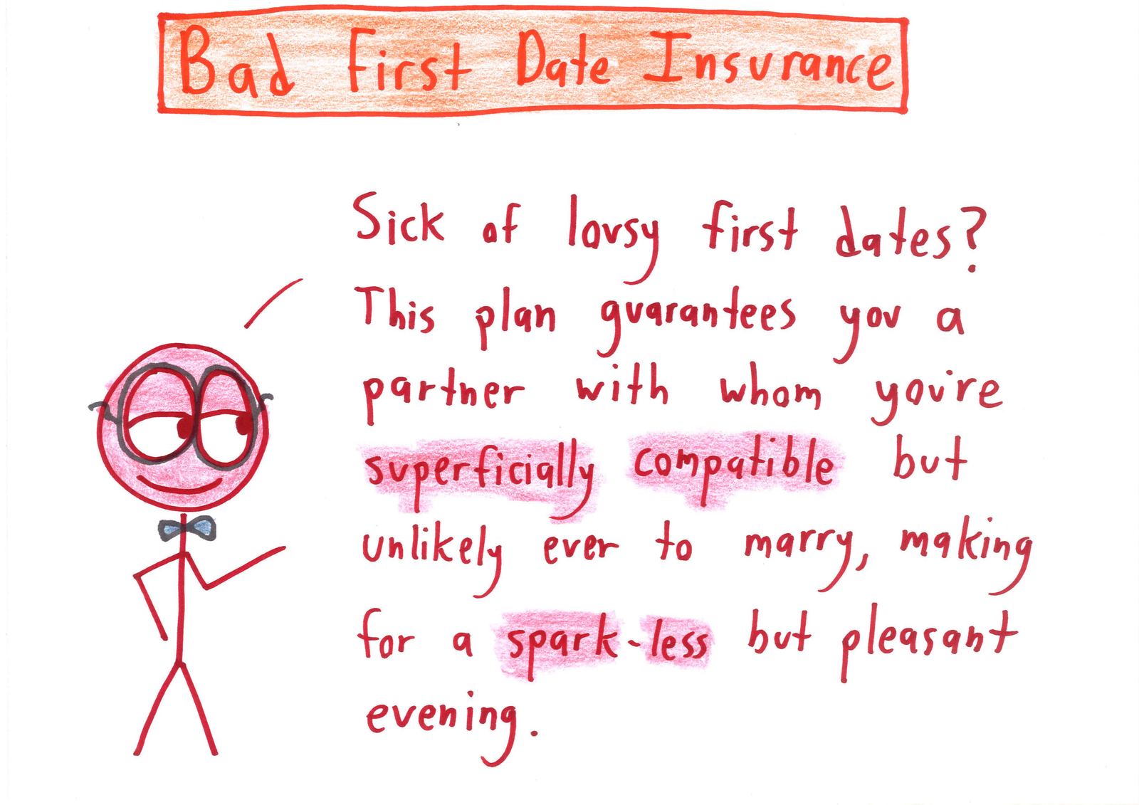 An insurance salesman pitches plans that trade variance for bland certainty: gambler's insurance, TV-finale insurance, first-date insurance, white-Christmas insurance, and insurance insurance. (panel 8 of 17)