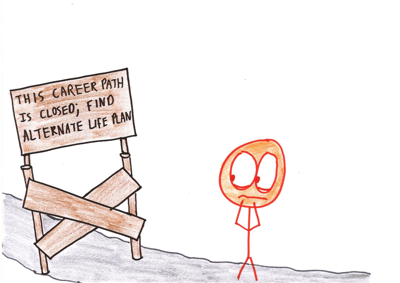 A barricaded road with a sign: 'This career path is closed; find alternate life plan.'