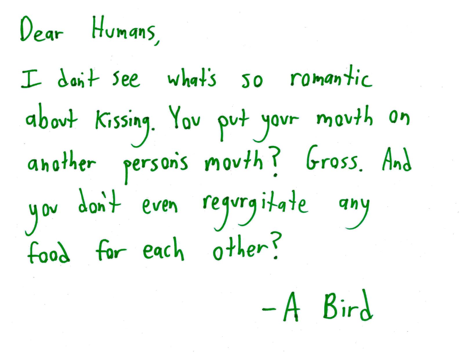 Text only: a bird's letter puzzling over human kissing.
