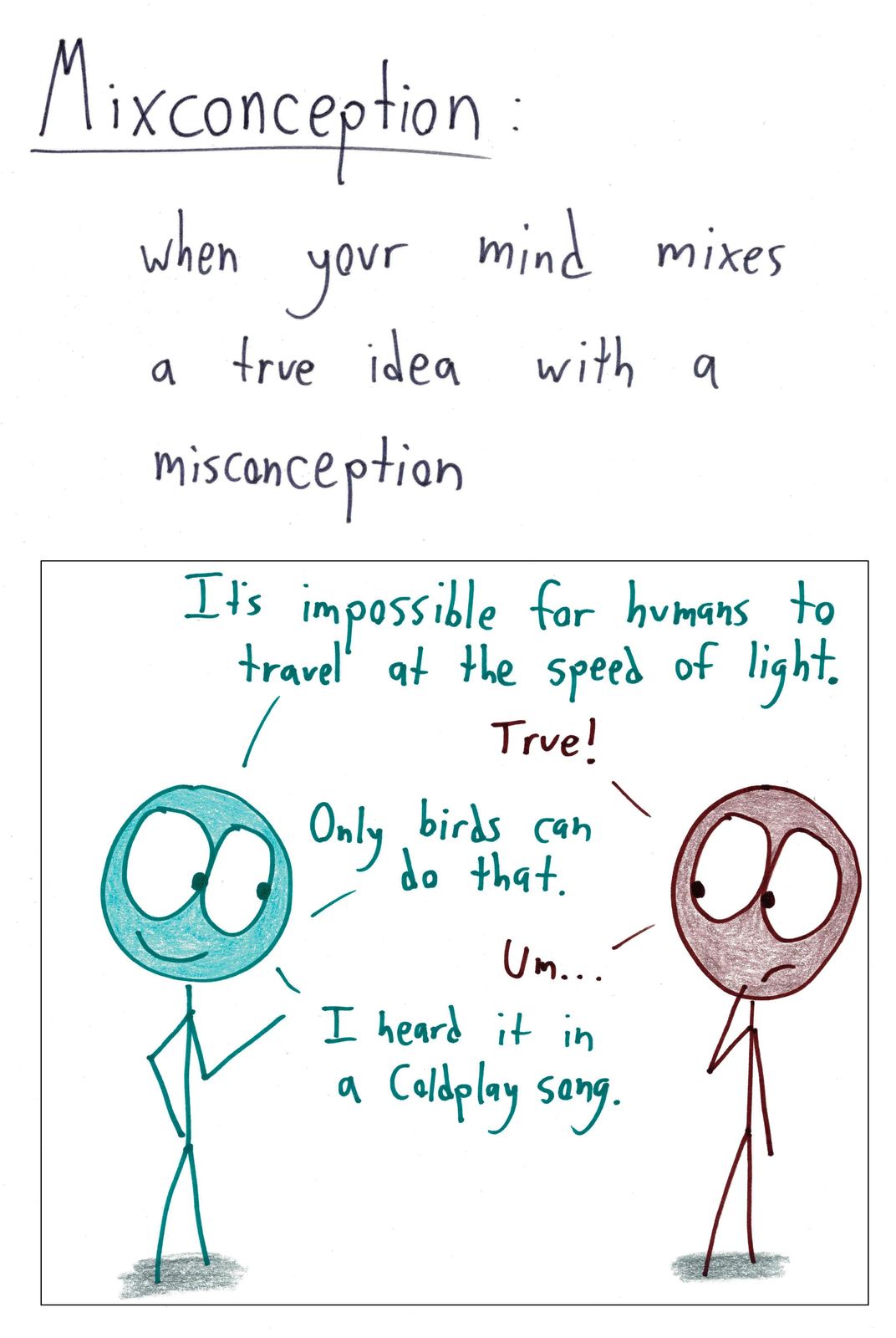 A made-up word, 'mixconception,' illustrated by someone who mixes a true physics fact with a song lyric.