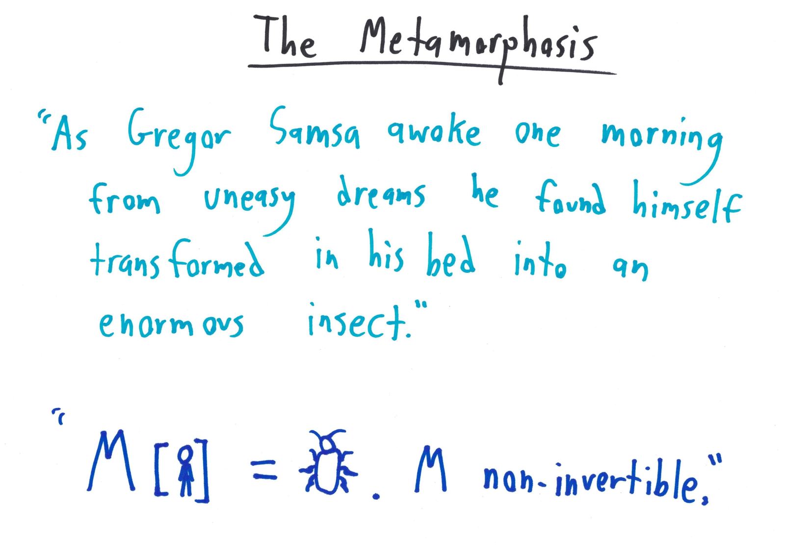 Gregor Samsa waking up as an enormous insect becomes 'M[person] = bug. M non-invertible.'
