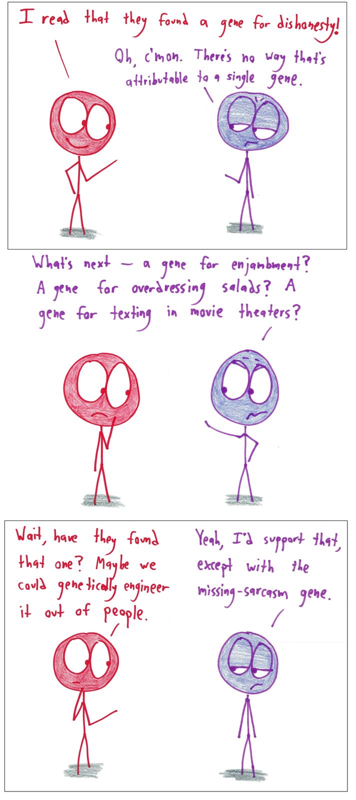 A skeptic mocks headlines about single genes for complex traits; the credulous friend misses the sarcasm.