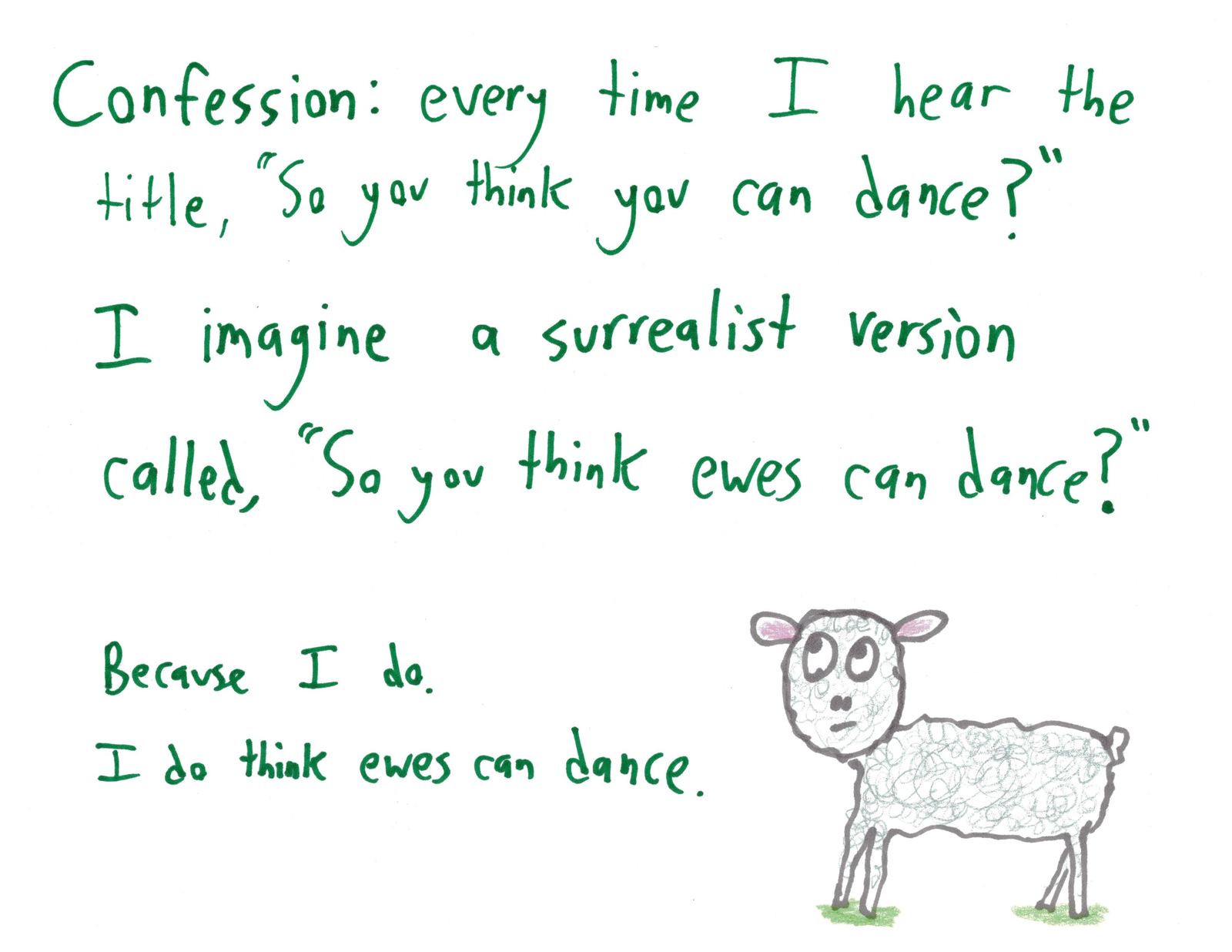 A wordplay confession beside a drawing of a sheep.