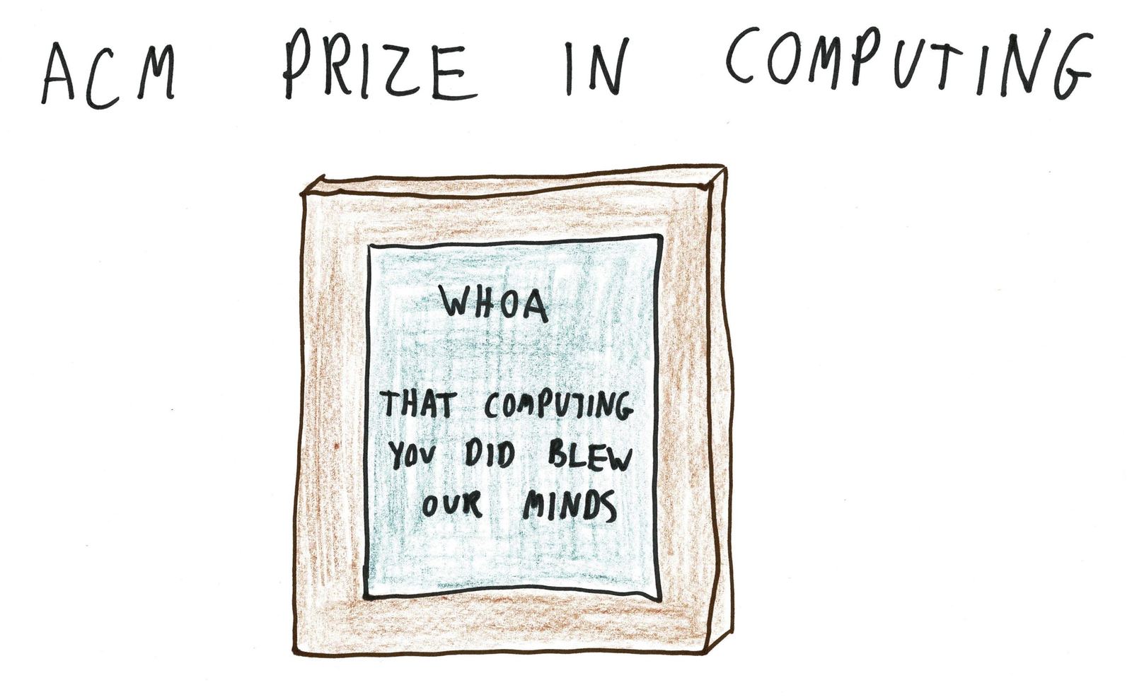 Five math and computing prizes with honest inscriptions: the Fields Medal ('You did a cool math thing before turning 40'), the Abel Prize (10⁶ high-fives), the Turing Award bowl for tears of joy, and more. (panel 5 of 5)