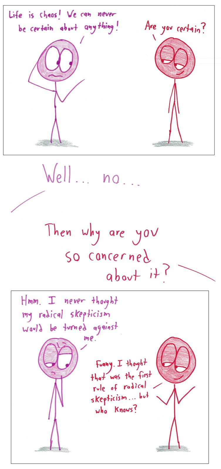 A panicked skeptic's claim that nothing is certain is turned back on itself by a calm friend.