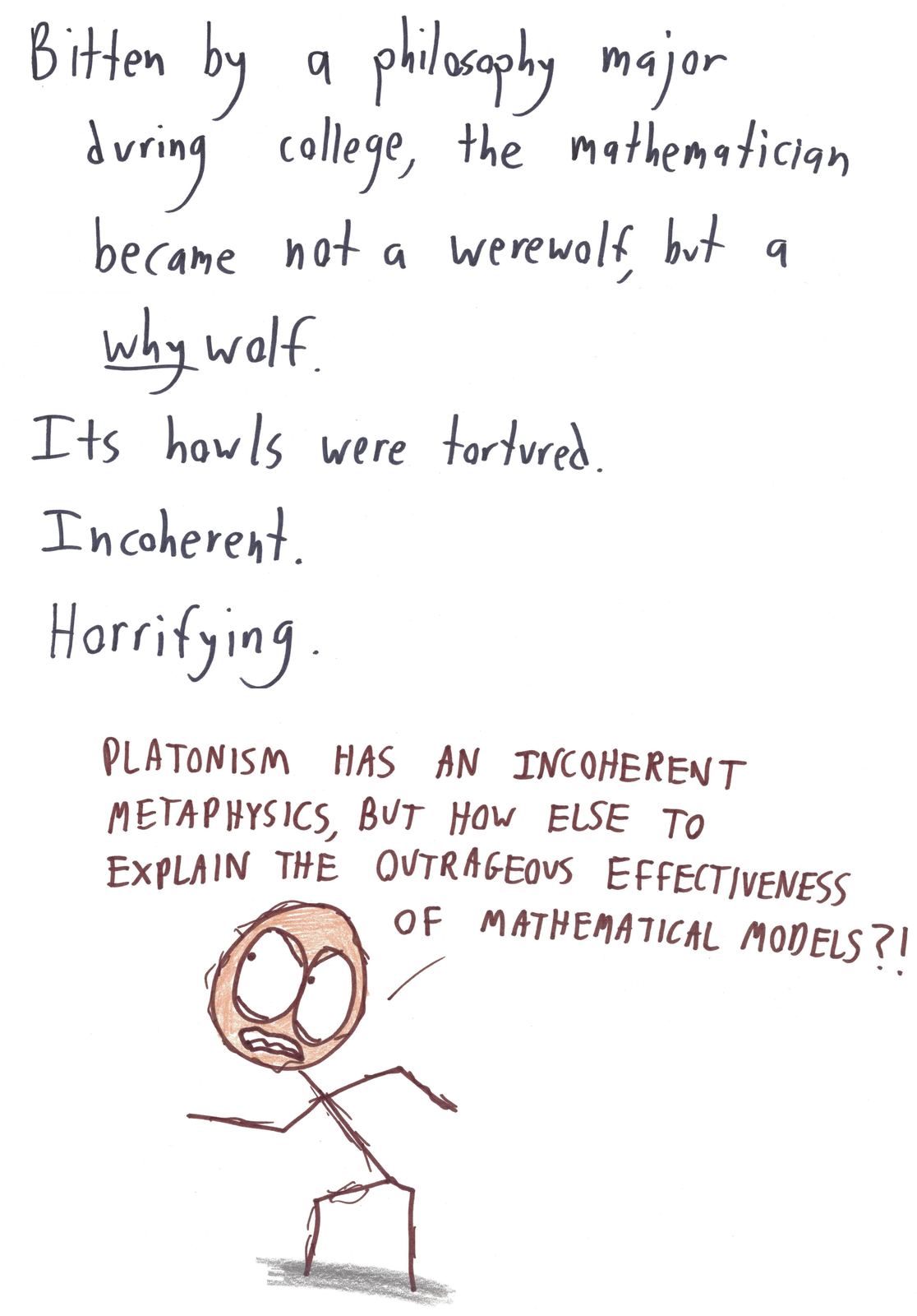 Eight math horror stories: a proof that vanishes, a statistically significant haunting, a lost reflection, a why-wolf, the Count teaching combinatorics, harmonic-series torture, and the √(sin²+cos²) nightmare. (panel 5 of 8)