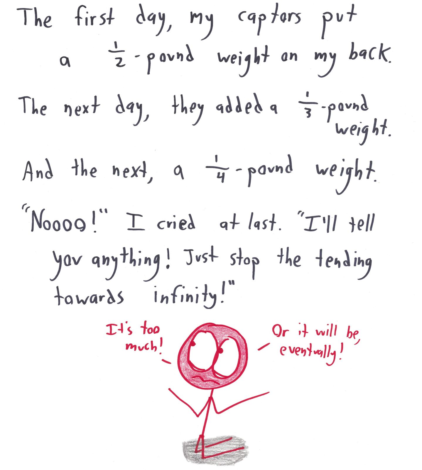 Eight math horror stories: a proof that vanishes, a statistically significant haunting, a lost reflection, a why-wolf, the Count teaching combinatorics, harmonic-series torture, and the √(sin²+cos²) nightmare. (panel 7 of 8)