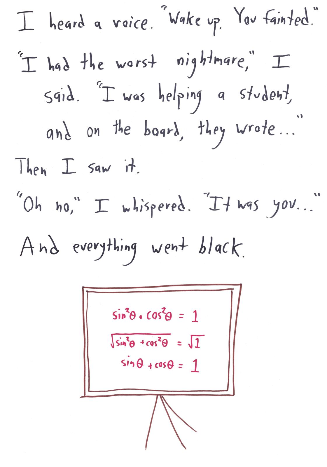 Eight math horror stories: a proof that vanishes, a statistically significant haunting, a lost reflection, a why-wolf, the Count teaching combinatorics, harmonic-series torture, and the √(sin²+cos²) nightmare. (panel 8 of 8)
