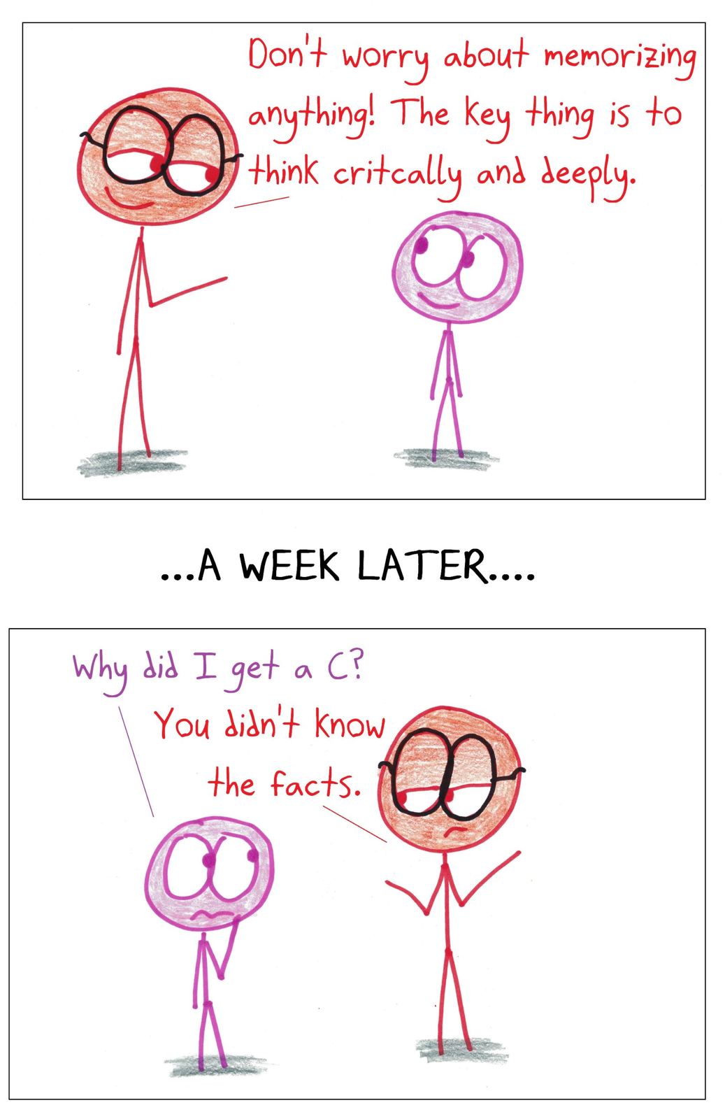A teacher says not to worry about memorizing, only to think deeply; a week later the student gets a C for not knowing the facts.