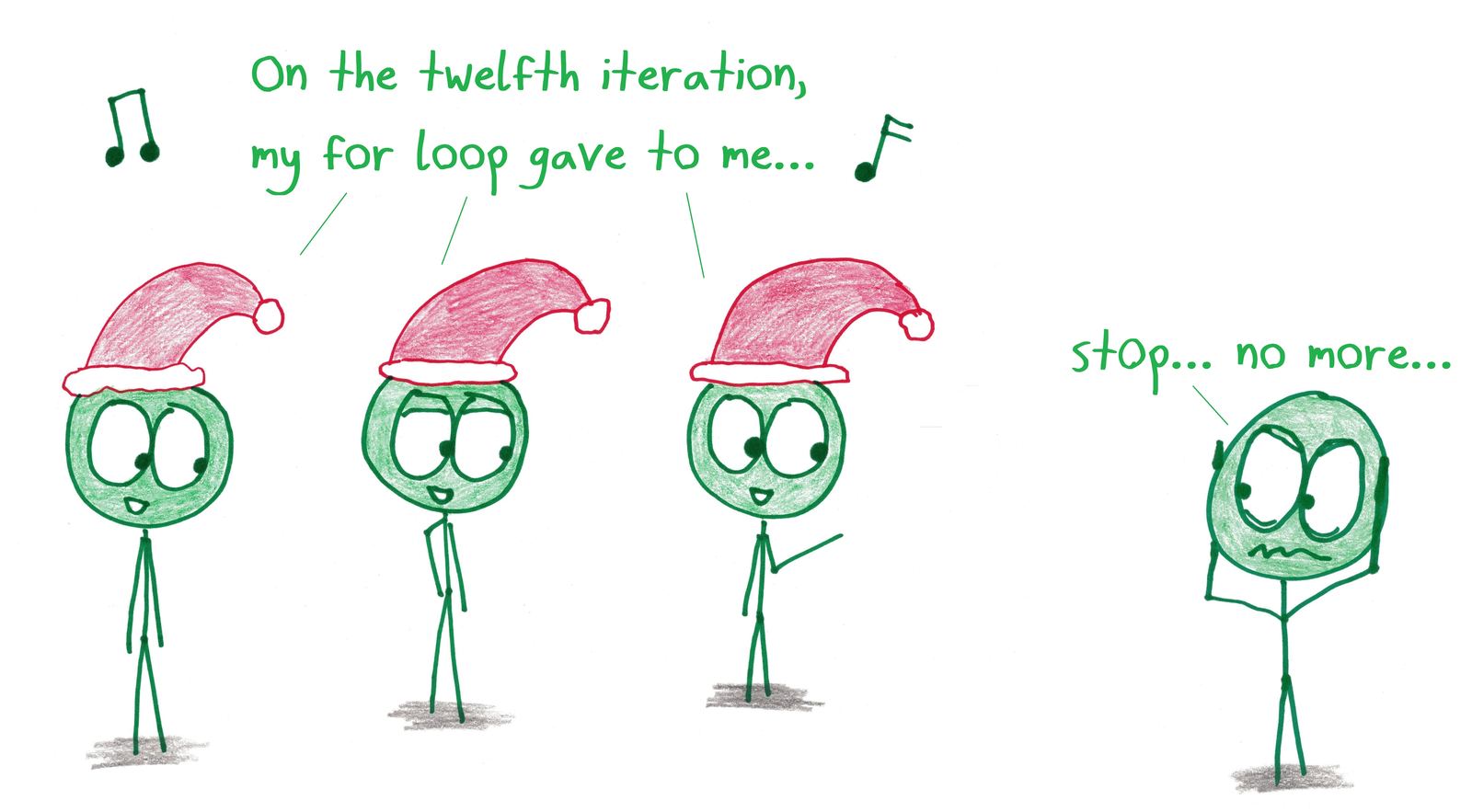 Carolers in Santa hats sing a programming version of 'The Twelve Days of Christmas'; a listener begs them to stop.