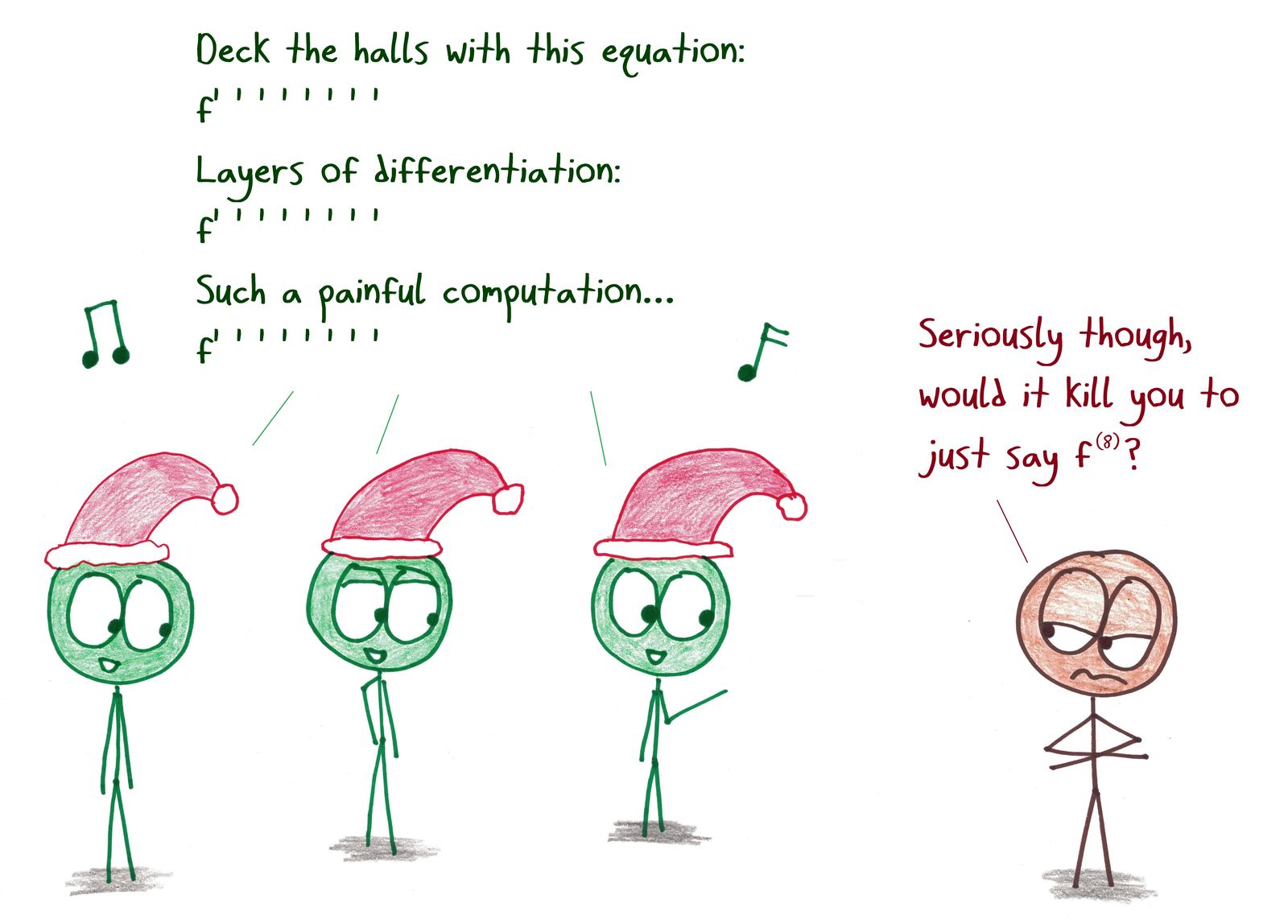 Carolers sing 'Deck the Halls' with eighth-derivative prime marks standing in for the 'fa la la' line.