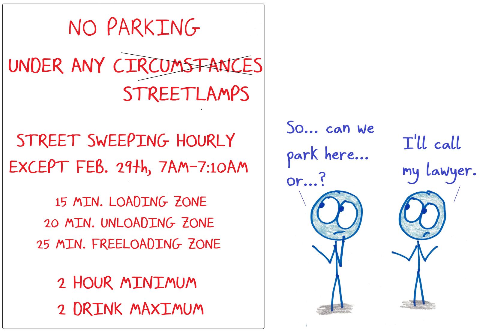 Two people puzzle over an absurdly complicated parking sign full of conflicting rules.