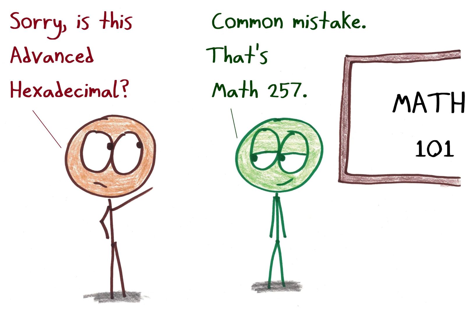 A student asks if a class labeled MATH 101 is Advanced Hexadecimal. The teacher says that's a common mistake: 101 in hexadecimal is 257, so that would be Math 257.