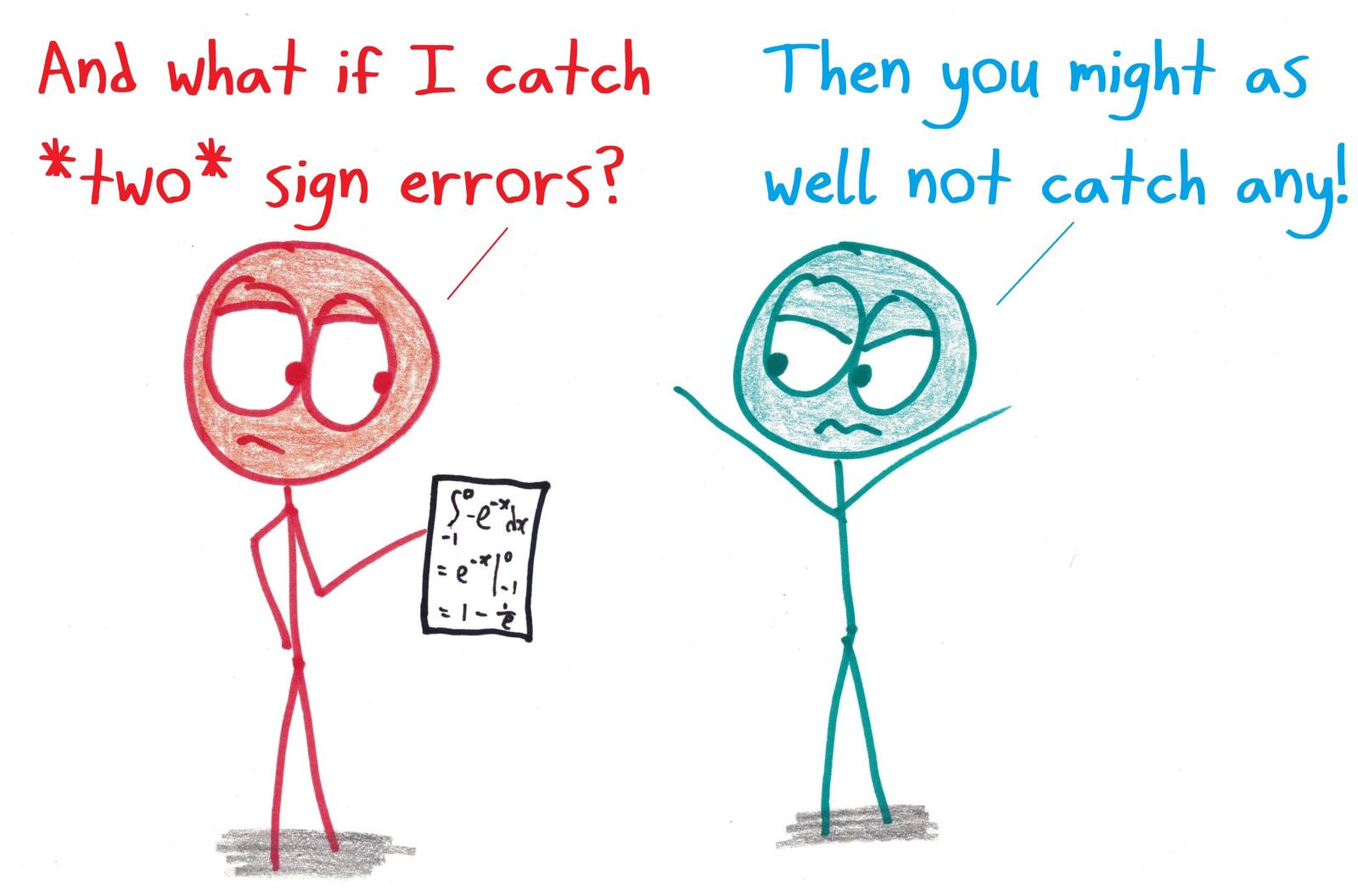 A student checking an integral asks what to do if they catch two sign errors. Two sign errors cancel out, so you might as well not catch any.