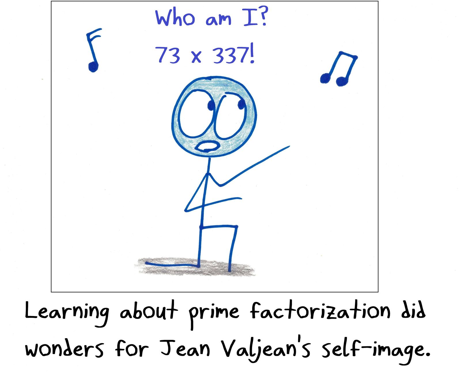 A Les Misérables parody: Jean Valjean sings his prisoner number 24601 as its prime factorization, 73 × 337.