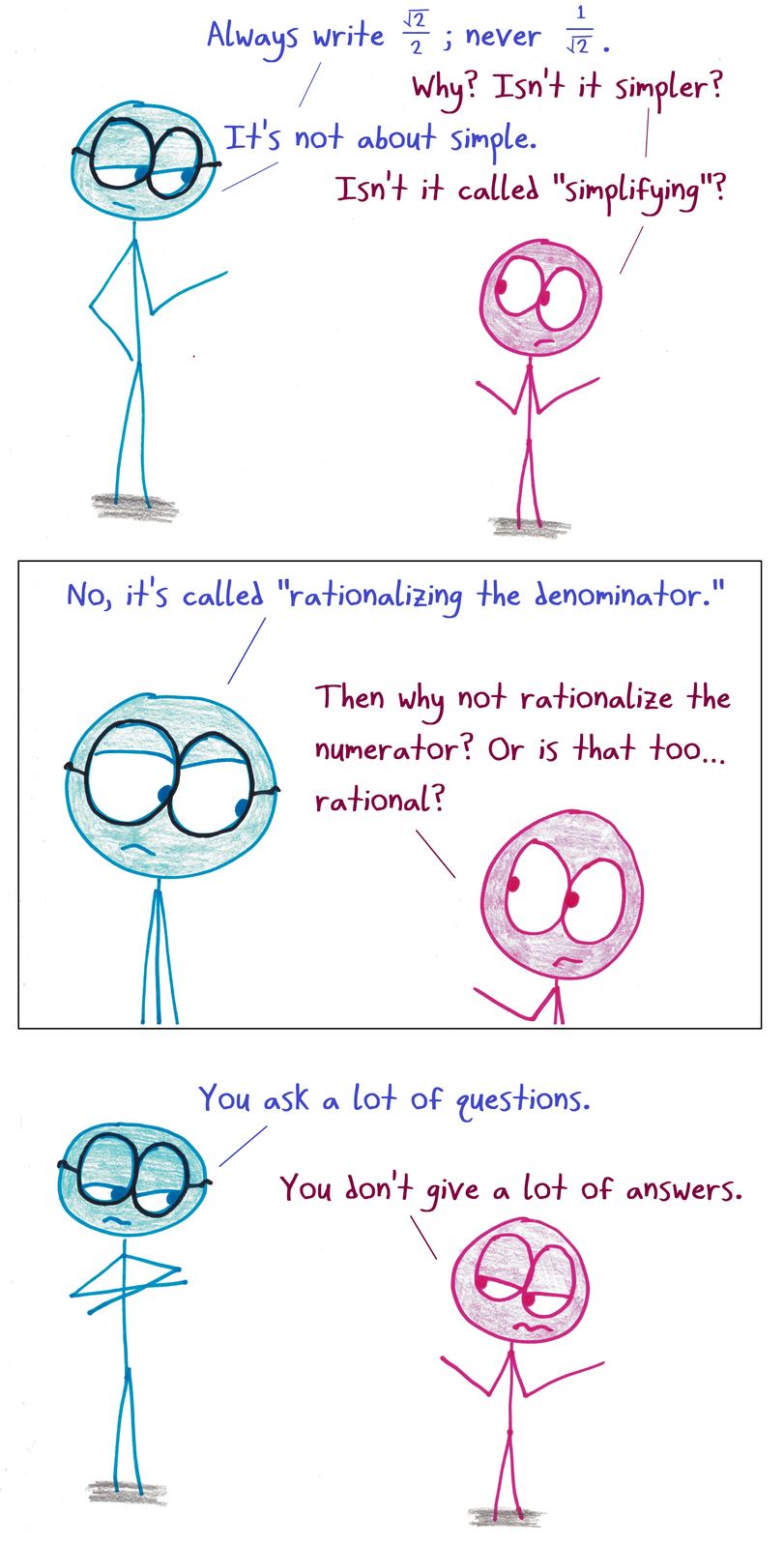 A student questions the rule of rationalizing denominators, and the teacher can't really justify it.