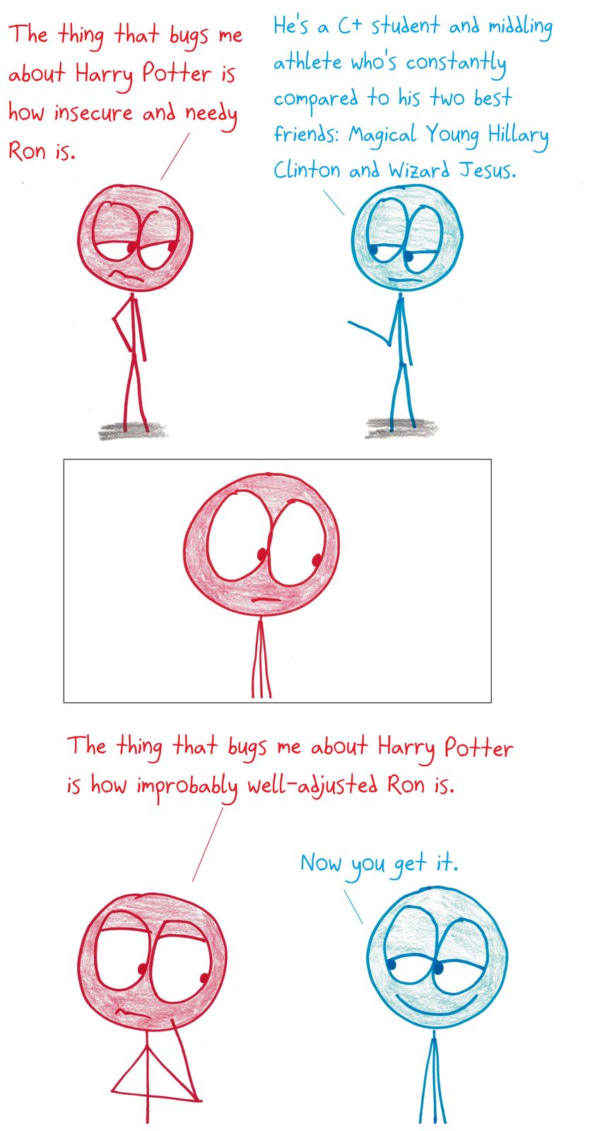 A fan's complaint about Ron Weasley flips once a friend points out who Ron is compared to.