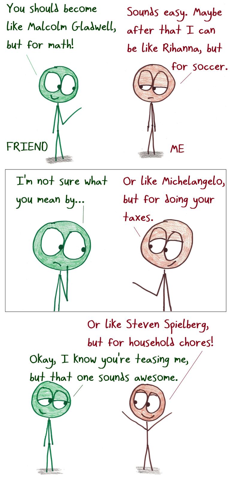 Ben mocks a friend's advice to be 'Malcolm Gladwell, but for math' with more absurd 'X, but for Y' combos.