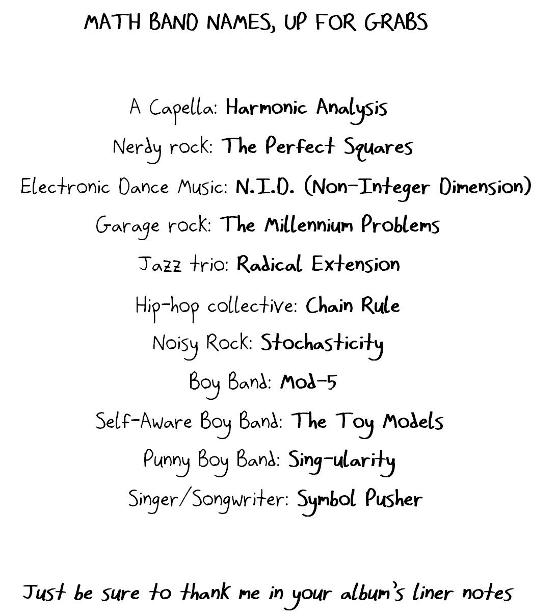 Text only: a list of math-pun band names by genre.