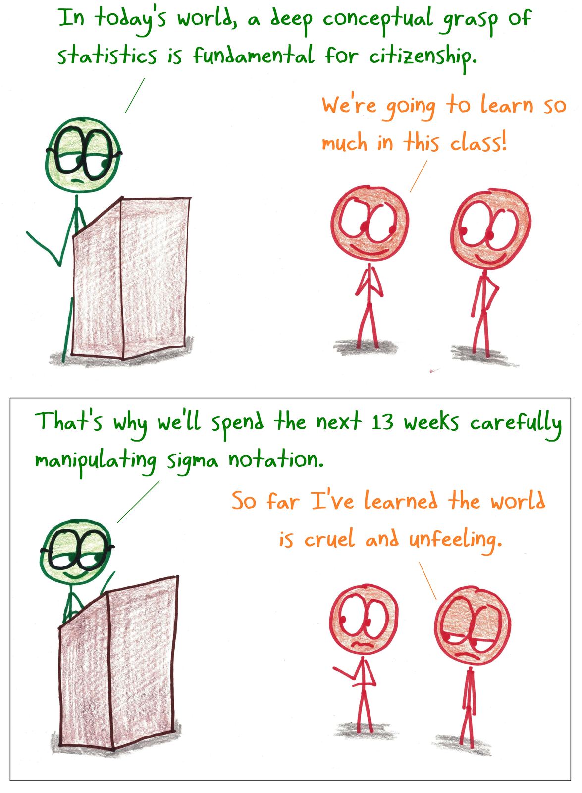 A stats teacher promises citizenship-level insight, then announces 13 weeks of sigma notation.