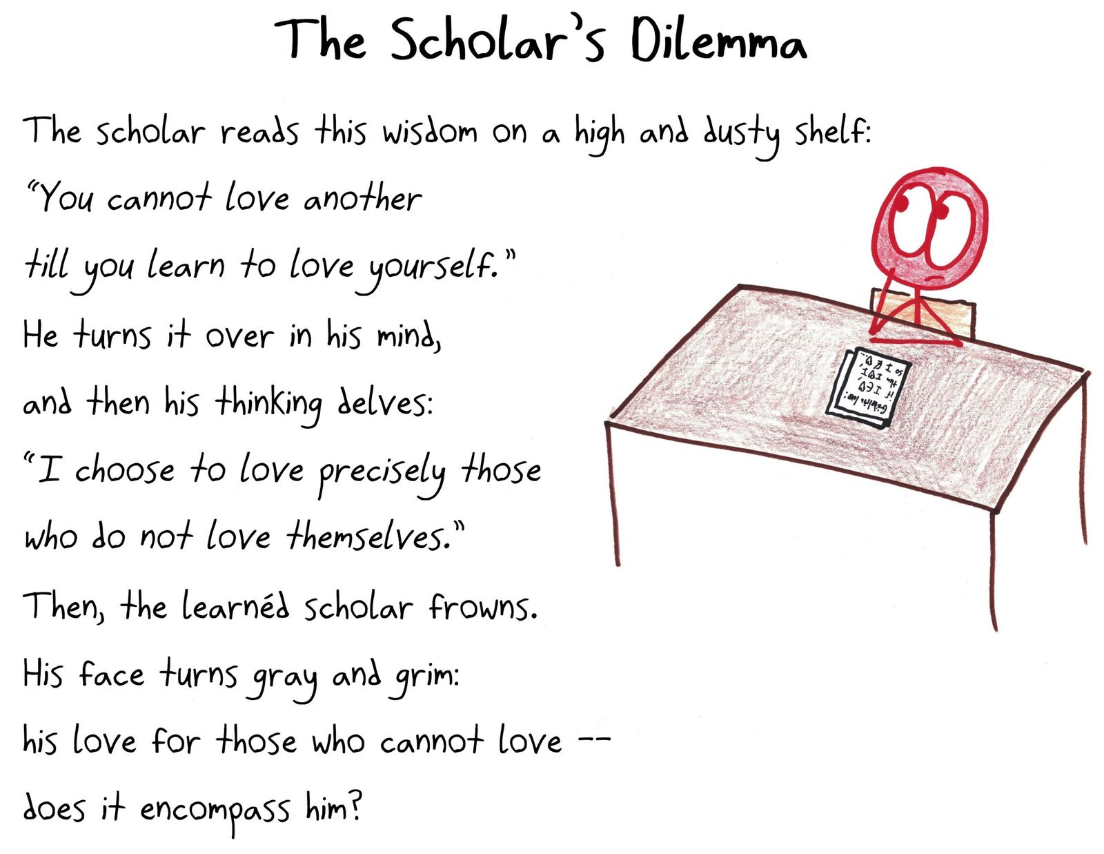 A poem version of Russell's paradox (like the barber who shaves exactly those who don't shave themselves): a scholar resolves to love precisely those who don't love themselves, then wonders whether that includes him.