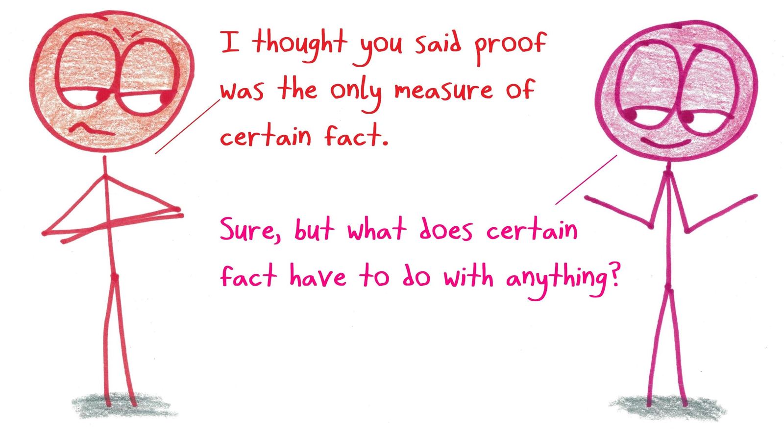 One person reminds a mathematician that proof is supposed to be the only path to certain fact. The mathematician shrugs: who said anything about facts? (In the original post, a love poem for the mathematician.)