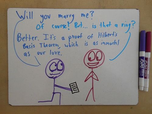 A Valentine's whiteboard sketch: a proposal with a proof of Hilbert's Basis Theorem instead of a ring (a pun on rings in algebra).