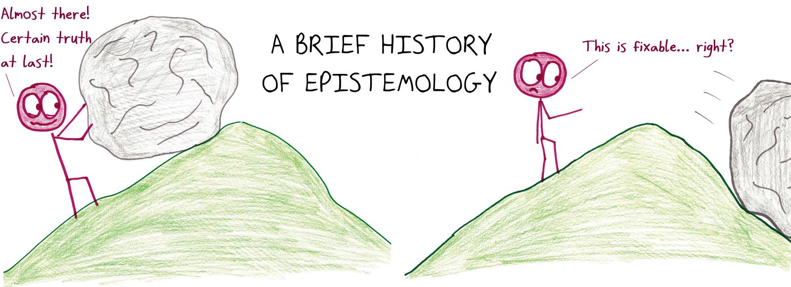 A Sisyphus-style figure pushes the boulder of certain truth to the top of a hill, only to watch it roll away.