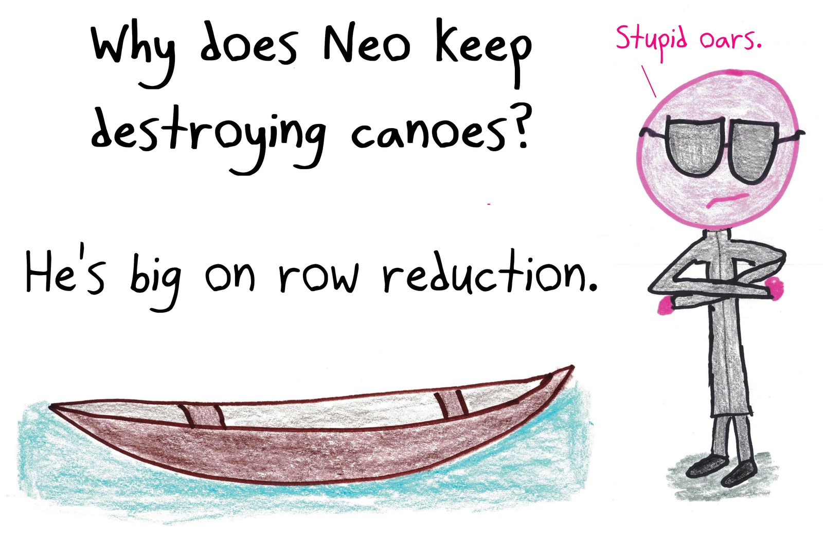 A Matrix joke: Neo keeps destroying canoes because he's big on row reduction.