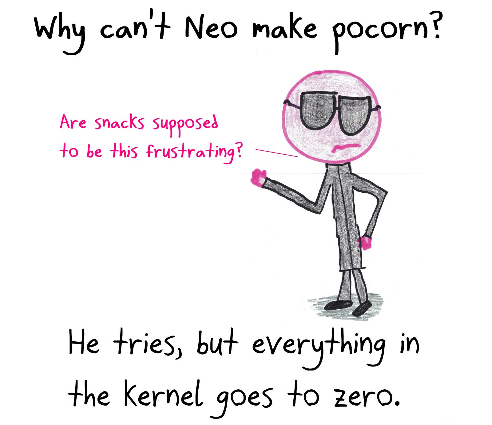 A Matrix joke: Neo can't make popcorn because everything in the kernel goes to zero.