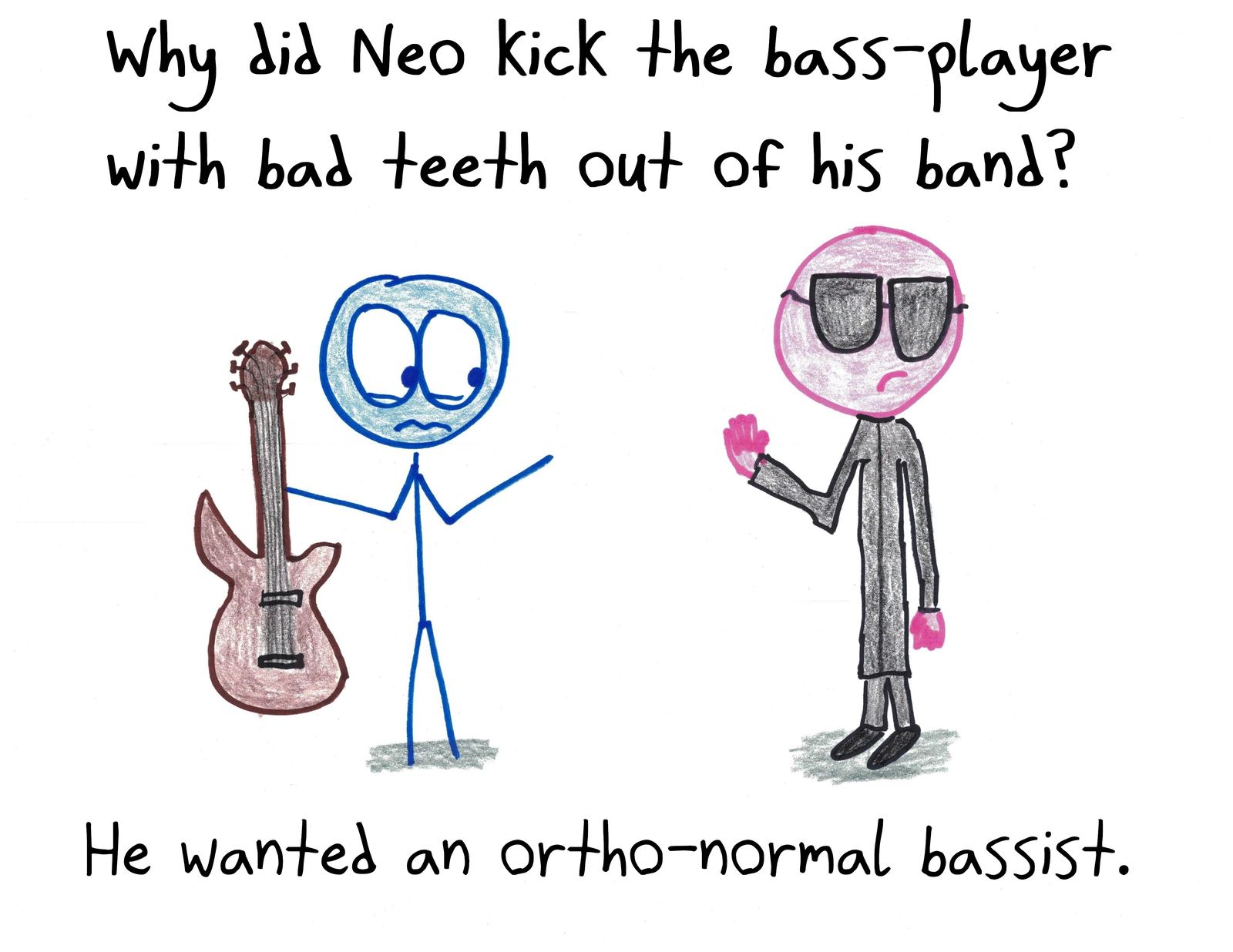 A Matrix joke: Neo wants an orthonormal basis (an ortho-normal bassist, as in straight teeth).