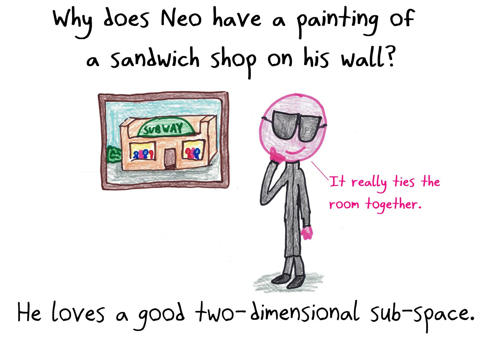 A Matrix joke: a painting of a Subway sandwich shop is a two-dimensional sub-space.