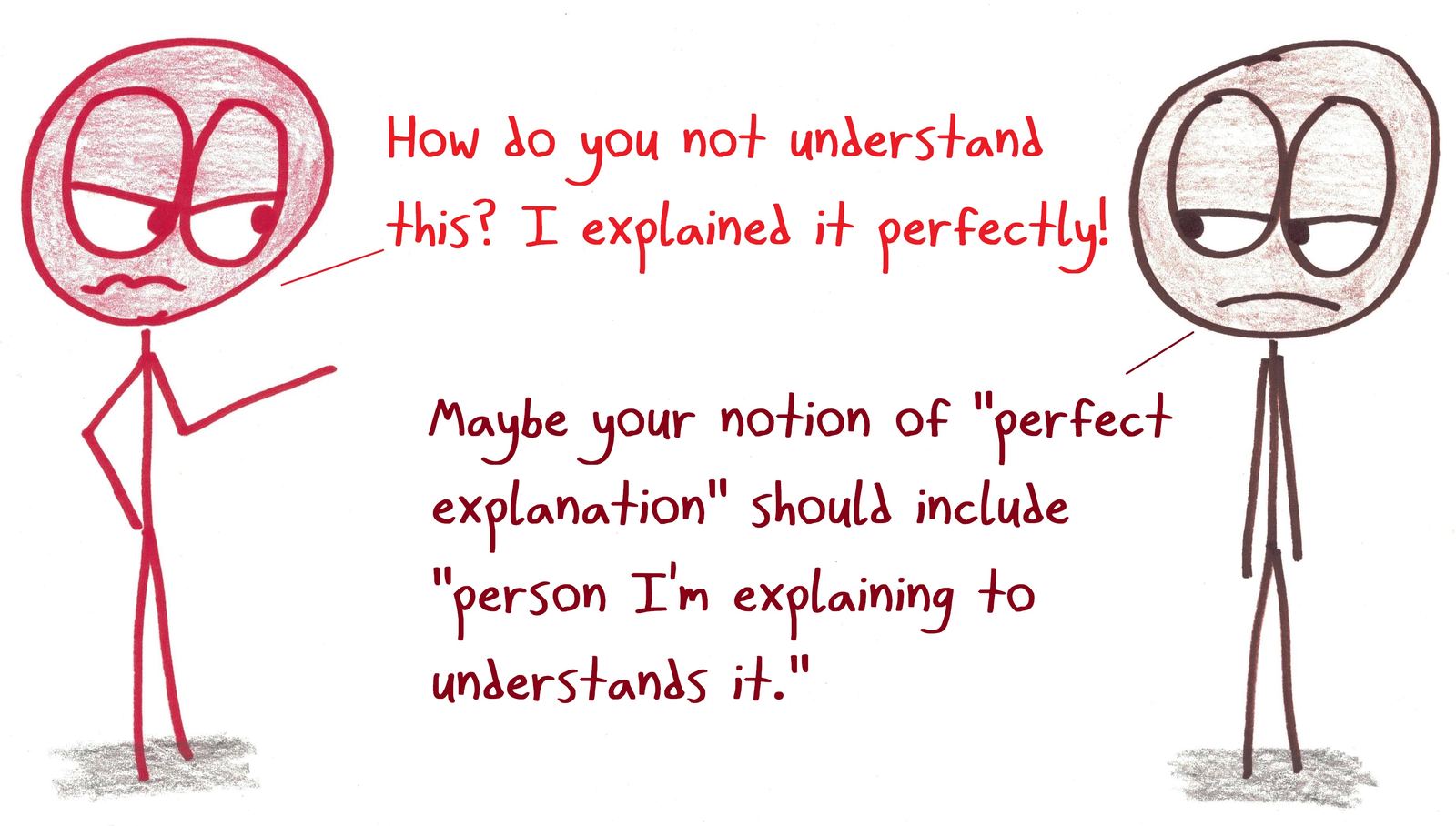 An exasperated explainer insists they explained it perfectly; the listener suggests understanding should be part of the definition.